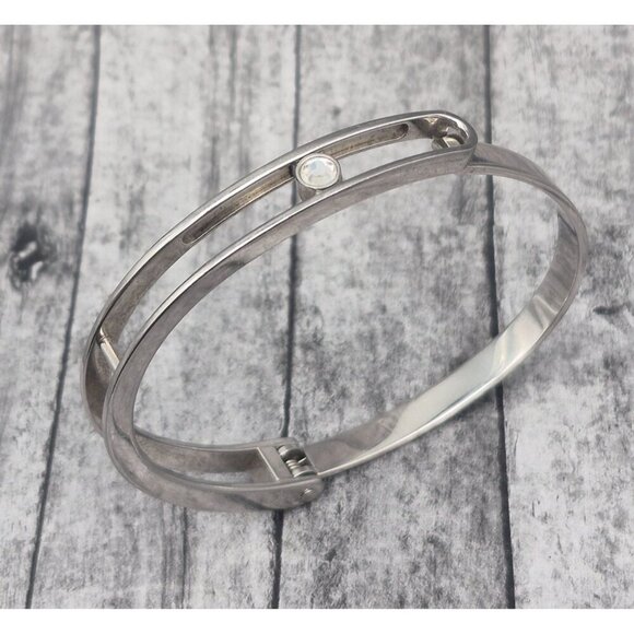 Silver Stainless Steel Hinged Bangle Bracelet with Sliding Clear Crystal Accent - Picture 10 of 11
